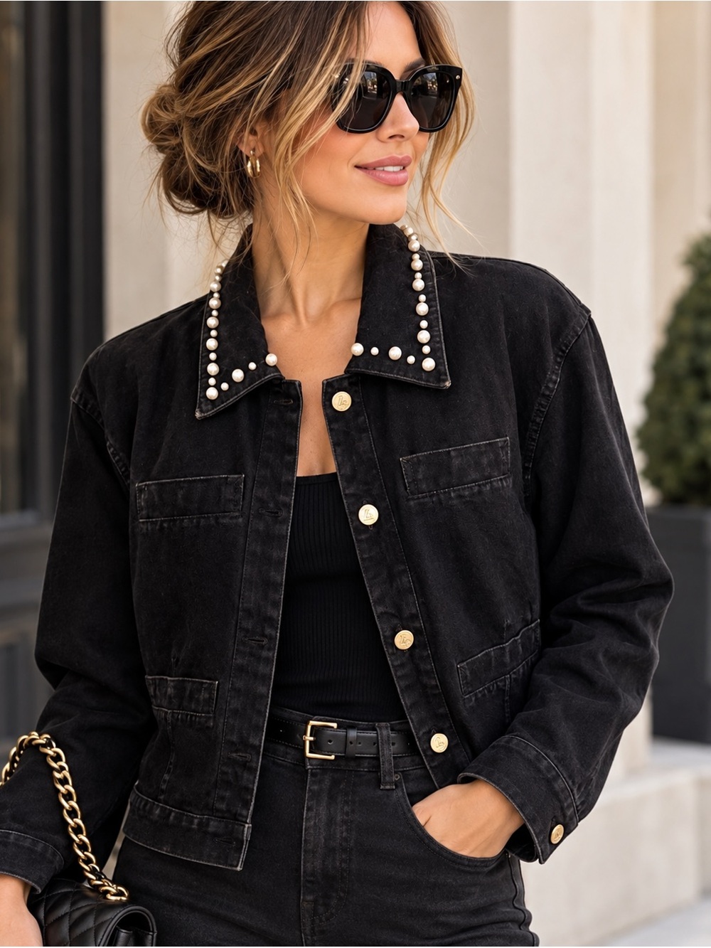 Vintage LizWear Black Denim Jacket Faux Pearl Collar 90s Retro Cotton Small